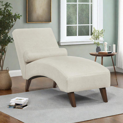 Mid-Century Modern Curved Chaise Lounge Chair with Bolster Pillow and Wood Legs
