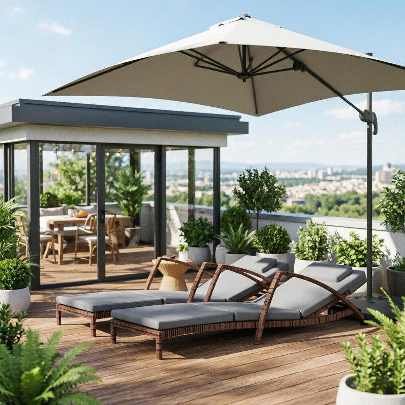 Ensemble de 2 chaises longues en osier gris avec dossier réglable à 5 positions et coussins pour patio, L 72,8 po
