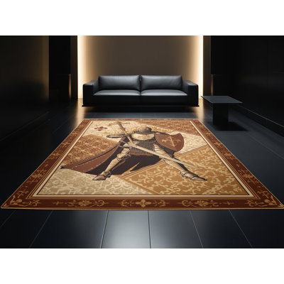 Tapis oriental traditionnel croisé et lavable à la machine Fillmore Crusader Knight - reliure brun clair