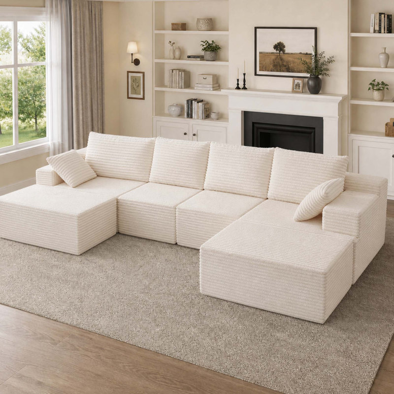 Canapé modulaire sans ossature avec deux poufs, Velours côtelé blanc