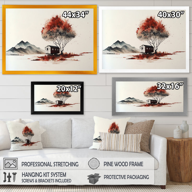 «Red Watercolor Tree» par a Little Countryhouse I - reproduction sur toile, H 34 po x l 44 po x P 1,5 po, Encadrement doré