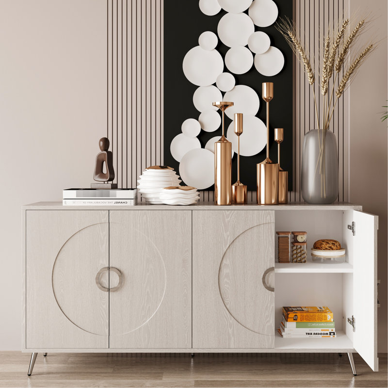 Champagne Silver 4 Door Storage Sideboard - Adjustable Shelves, , For Dining Wooden Cabinet Silver, , Room, Champagne