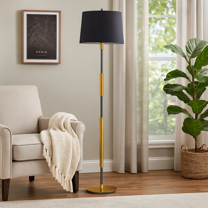 Siu 60 Inch Floor Lamp, Metal Pole w Finial Tip, Shade, Black, Brass
