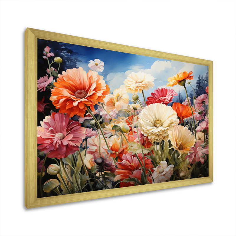 Meadow Gerbera Garden - Floral Canvas Wall Art, Encadrement doré, H 30 po x l 40 po