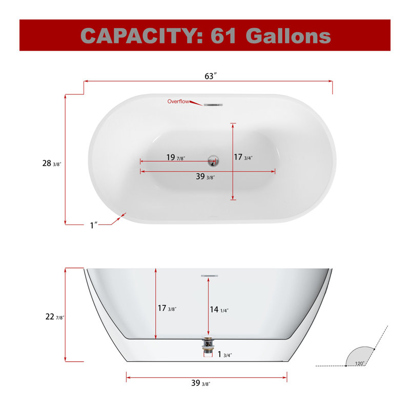 Baignoire de trempage autoportante en acrylique blanc brillant avec trop-plein et drain chromés, certifié cUPC - 63 * 28,8 22A09-63