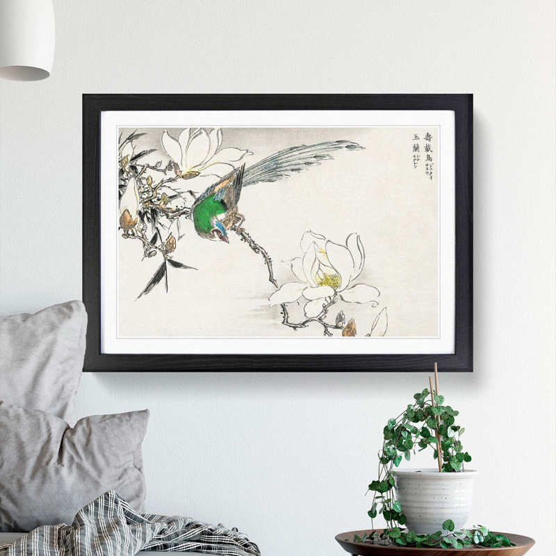 Pipit Bird and White Magnolias by Numata Kashu - Picture Frame Painting Print, Black, 60cm H x 91cm W x 2cm D