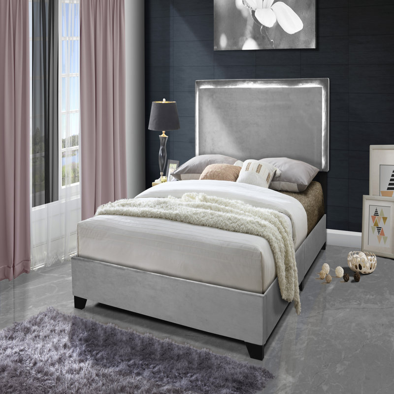 Structure de lit plateforme tapissier avec lumières DEL, QB, GR, Grand, gris