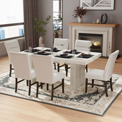  Cavira 7-Piece Modern Dining Set, Faux Marble Dining Table With 6 Chairs, Beige