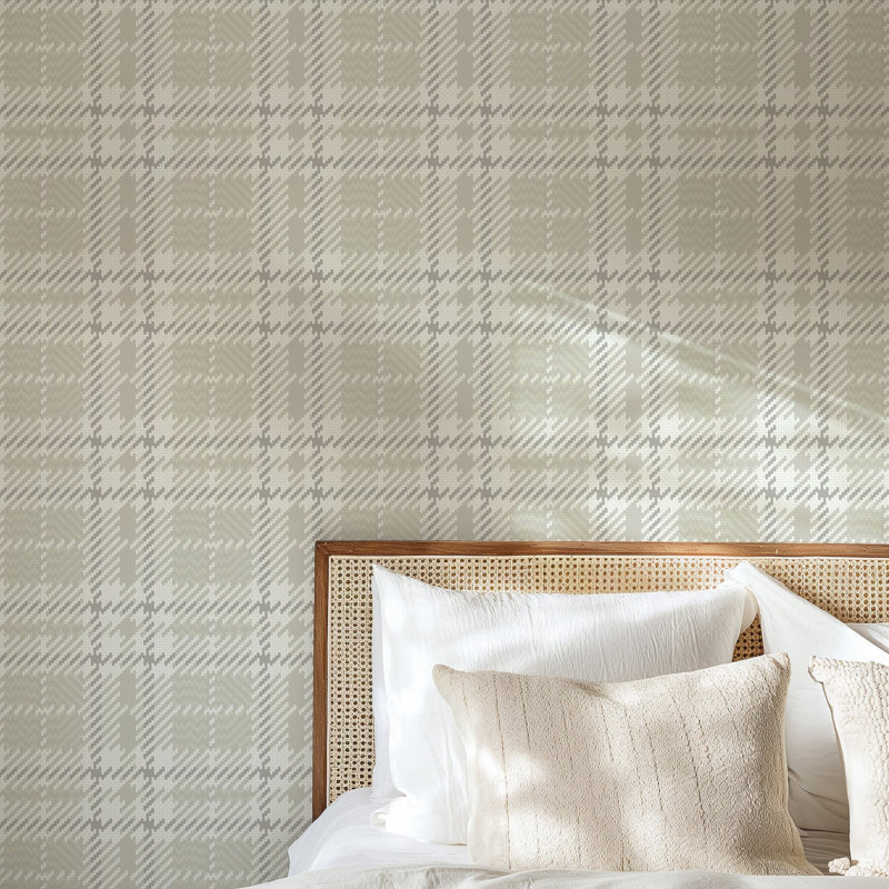Clark Plaid 10' L x 24" W Wallpaper Roll, Berteau Beige, Faux Grasscloth, Non-pasted