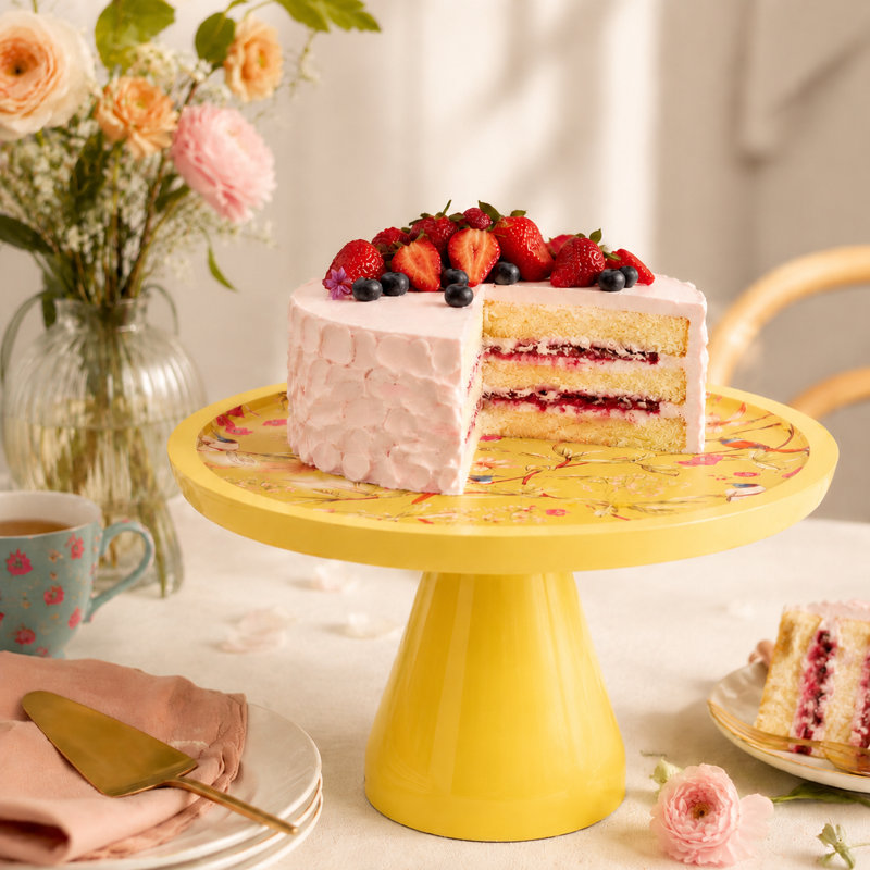  Présentoir à gâteaux en bois de manguier floral fabriqué à la main, Yellow