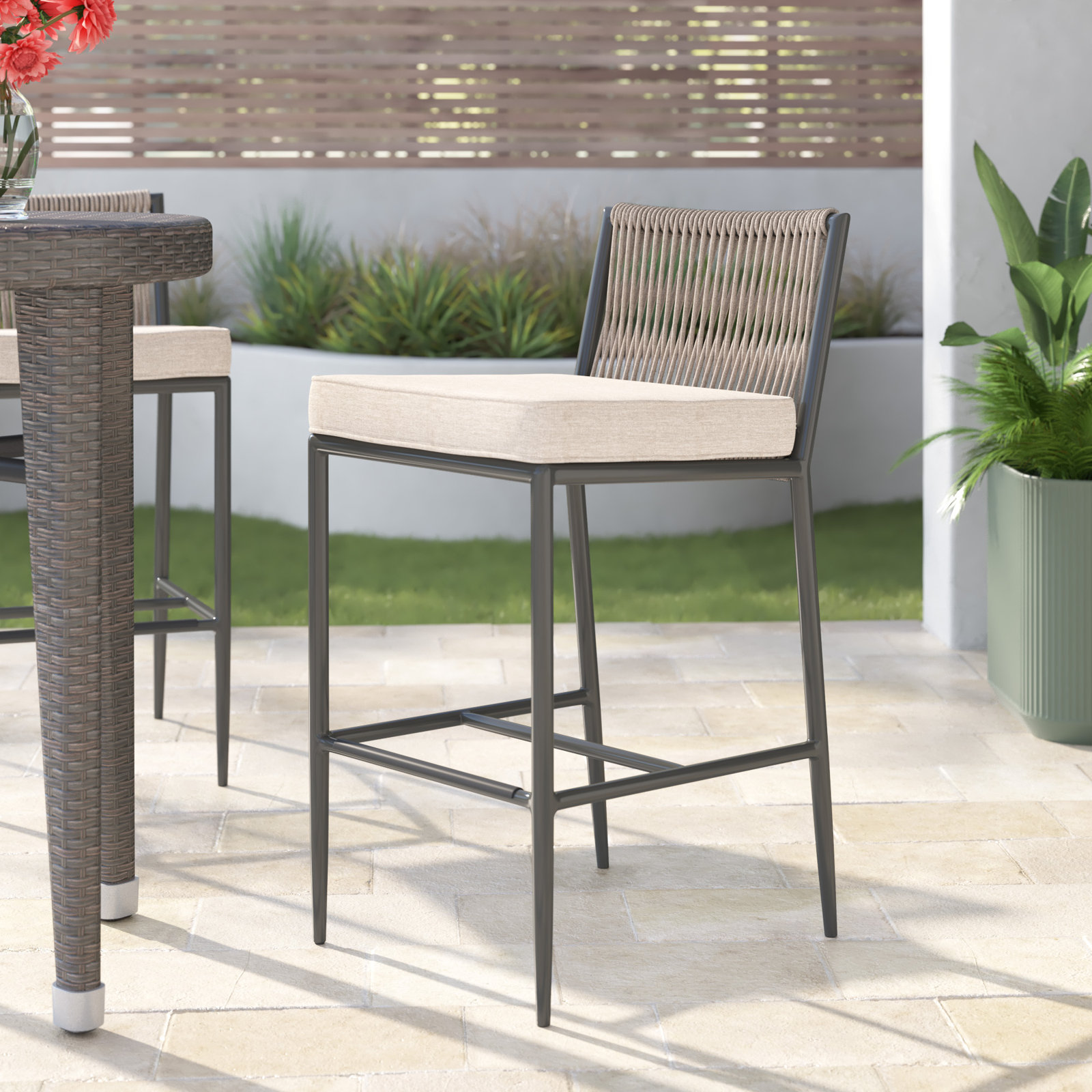 Esme Olefin Patio Bar Stool, Bar Stool (30" Seat Height), Echo Ash Sunbrella®
