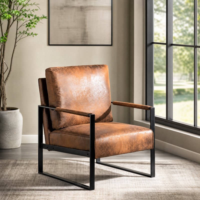 Fauteuil Mid-Century moderne avec structure en métal, Microfibre / microsuède brun, Brun