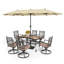 Ensemble de salle à manger de patio rectangulaire en métal pour 6 personnes avec parasol et coussins Alyah