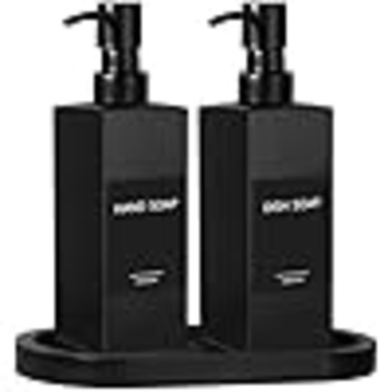 Ensemble de distributeur de savon de cuisine, distributeur de savon à main et à vaisselle, distributeur de savon liquide noir avec plateau, distributeurs de vaisselle rechargeables pour la cuisine, bouteilles de savon en verre avec pompe en acier inoxyd