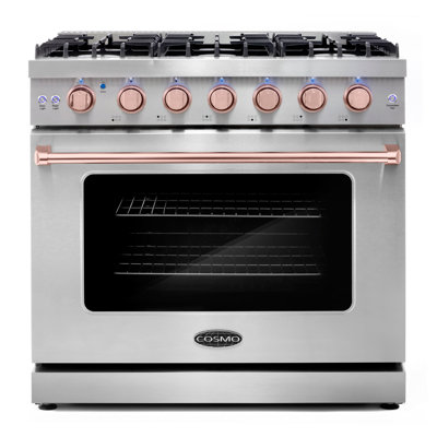 Cosmo 36 po 6,0 pieds cubes Pi. Cuisinière à gaz, 6 brûleurs, four à convection, boutons à DEL, acier inoxydable, ensemble de boutons en or rose