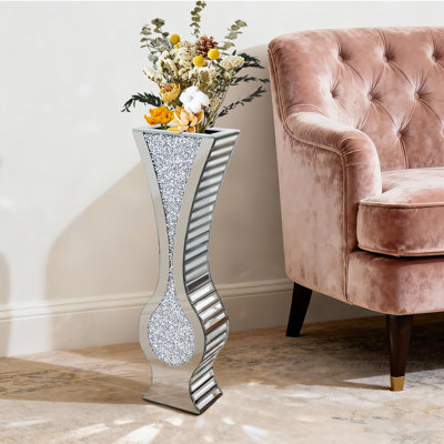 Tall Floor Vase Silver Crushed Diamond Vase With Mirrored Glass Modern Glam Decor Faux Flower Vase