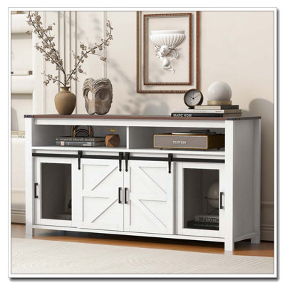 Buffet de 59,3 po avec porte de grange coulissante et panneaux grillagés, buffet de ferme avec rangement ouvert, convenant au salon, au couloir, au balcon, à la cuisine