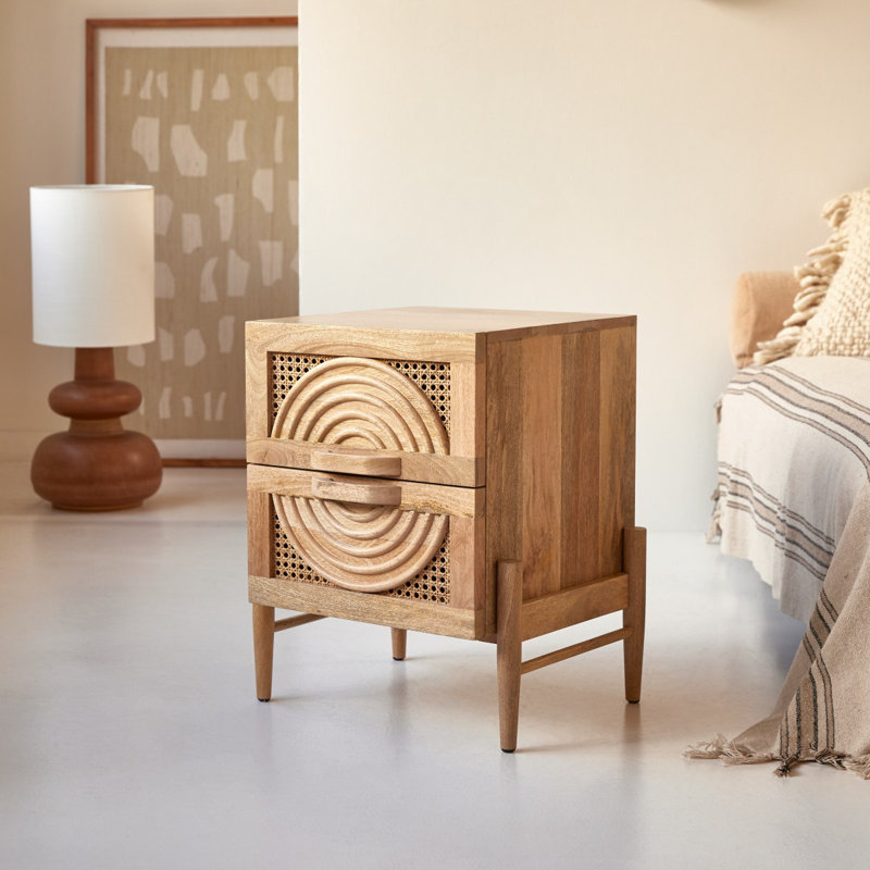 Sina Solid Wood Bedside Table, Beige