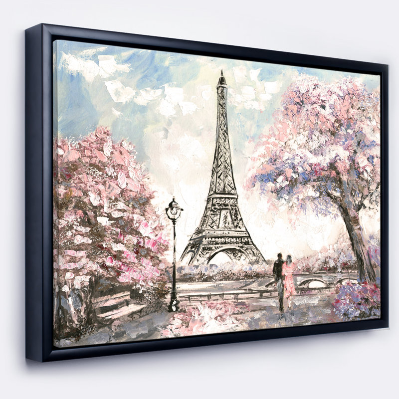 Paysage urbain «Eiffel avec fleurs roses», peinture, H 28 po x l 60 po x P 1,5 po, Toile avec cadre flottant