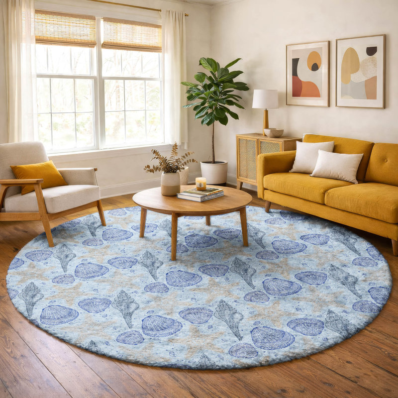 Premium Machine Washable Dream Shag ADS183 Shells Rug, Blue, 8' Round