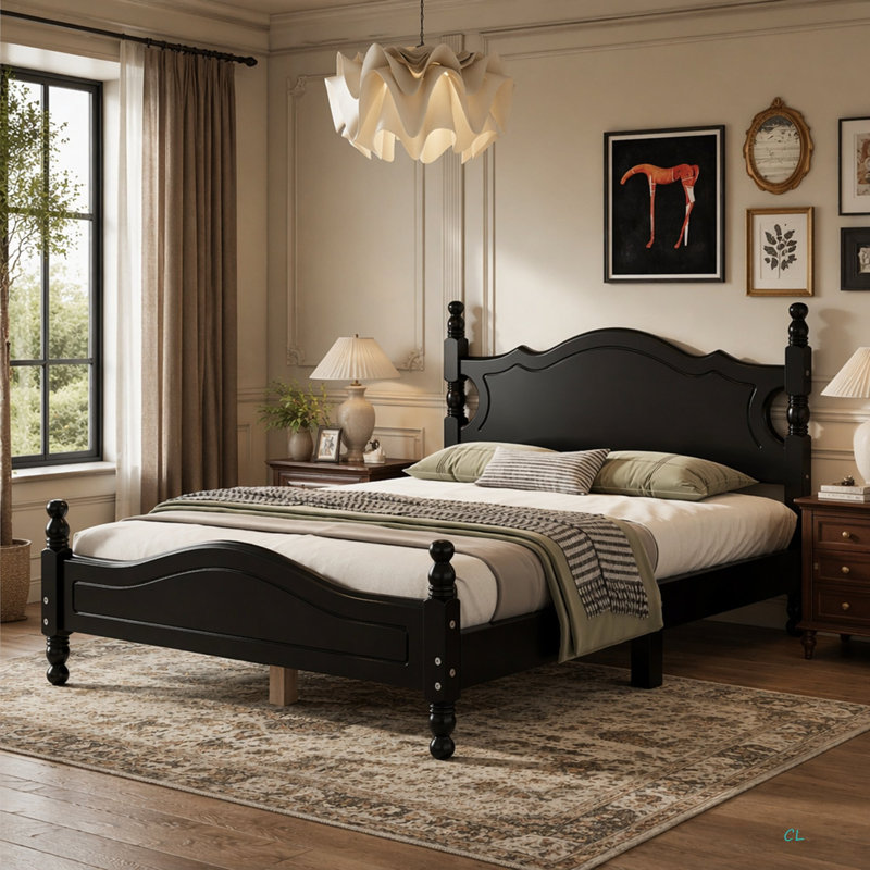 Structure de lit plateforme en bois, lit plateforme de style rétro avec support en lattes de bois