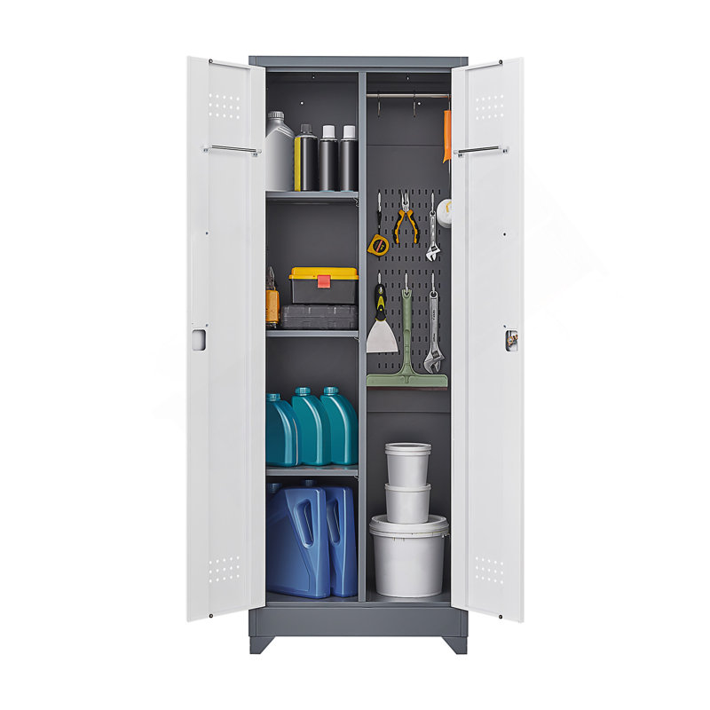 Armoire de rangement à balai avec portes et tablettes verrouillables, armoire de rangement en métal de 65 po de hauteur avec tringle et crochets en S, armoire de rangement pour outils de nettoyage