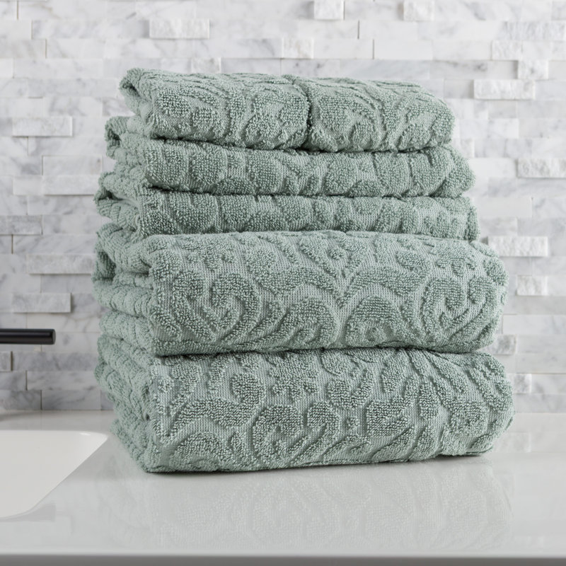 6PC Jacquard Towel Set - 500GSM 100% Cotton Bathroom Accessories - 2 Bath Sheets, 2 Hand Towels and 2 Wash Cloths - Soft and Absorbent Bathroom Set for Shower, Gym, Dorm and Spa (Green)
