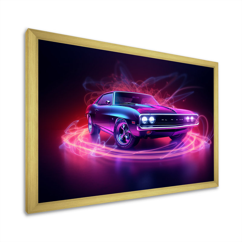 «Neon Light American Muscle Car I», reproduction sur toile, Cadre doré simple, H 16 po x l 32 po x P 1 po