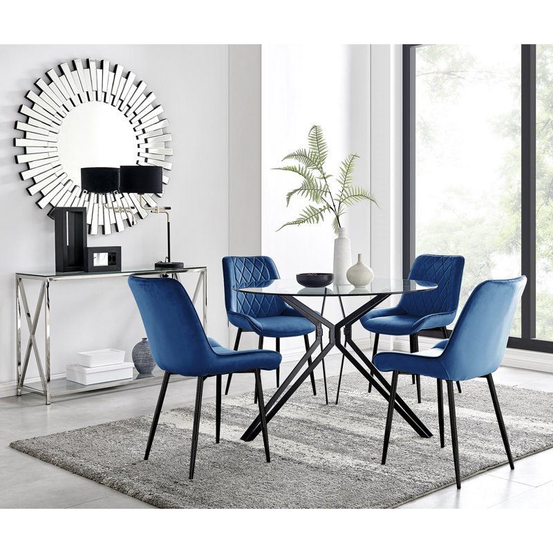 Modern Casino Glass and Metal Hairpin Leg Dining Table Set With 4 Luxury Velvet Dining Chairs, Navy/Black