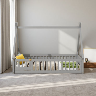 Twin Tent-Shaped Floor Bed, With Guardrails, Slats, Door