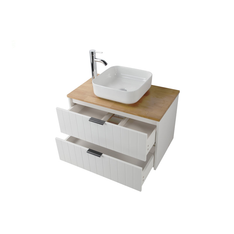 Meuble-lavabo mural à double tiroir 32 pouces + plateau en bois massif, lavabo carré en céramique et miroir rond, design minimaliste moderne, alliant fonctionnalité et style