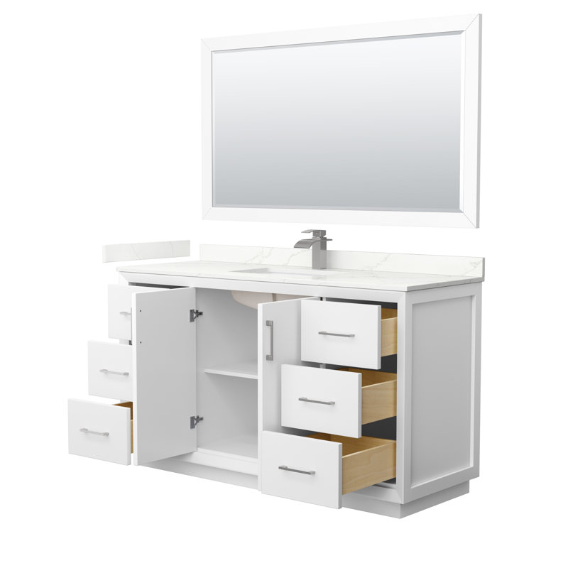 Strada 60'' W Single Vanity, Giotto Quartz, White, Brushed Nickel