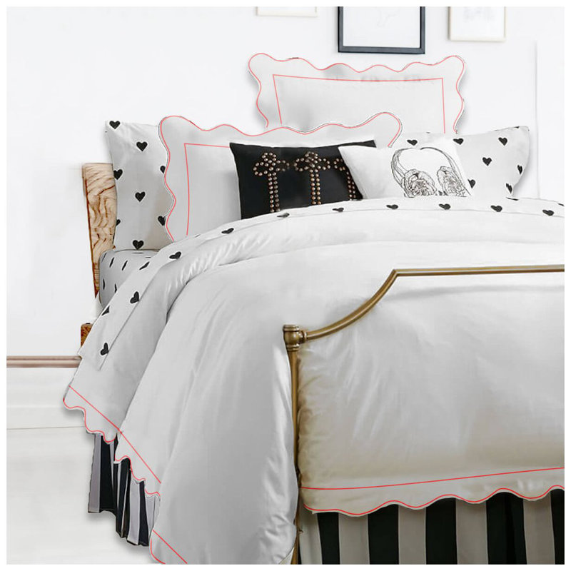 400TC Cotton Scallop Embroidery & Border Sateen Solid Duvet Cover Set, White/Light Pink, Twin/Twin XL Duvet Cover