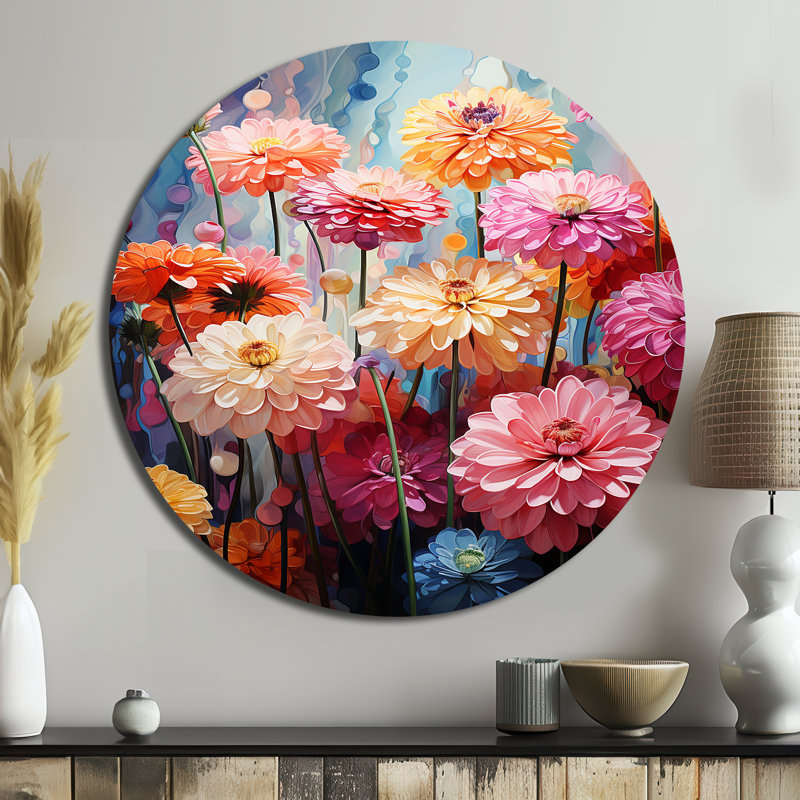 Champ de zinnias à ton doux - Art floral rond en métal, H 29 po x l 29 po