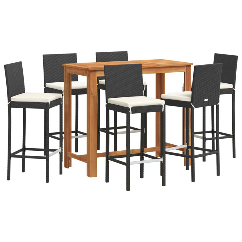 Ensemble de bar 7 pièces Wildon Home® en bois massif noir d'acacia et de rotin poly, Gris foncé, Noir, noir, noir, noir
