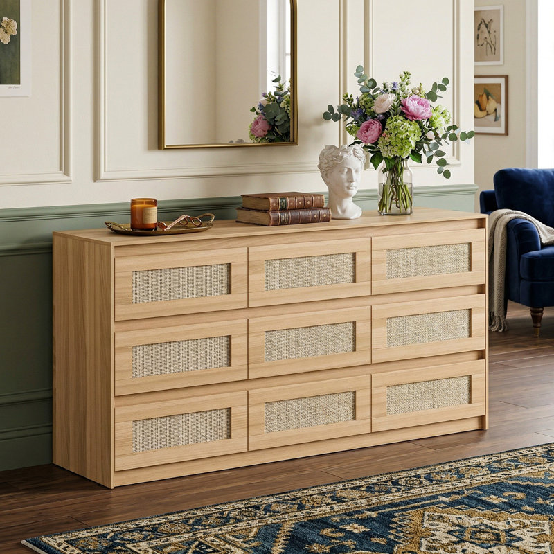 9-Drawer Dresser With Rattan Drawer Panel