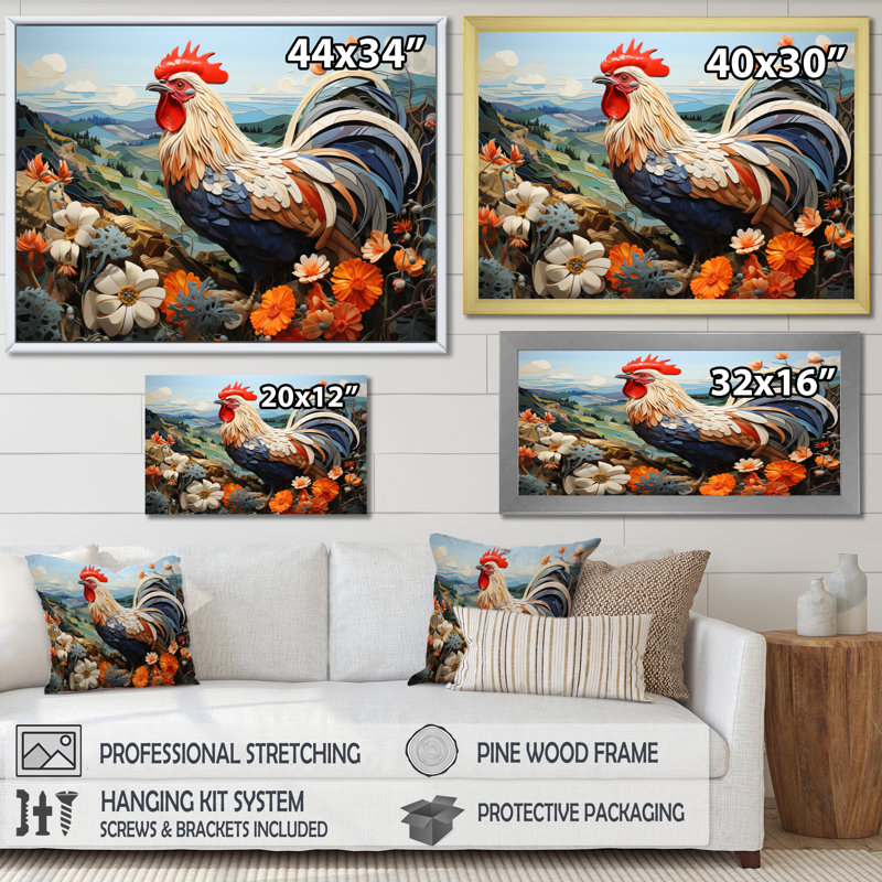 Portrait de coq avec des fleurs de montagne, Cadre flottant noir, 12" H x 20" W