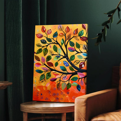 1 pièce, art mural, affiche, toile abstraite vibrante, art mural sur toile, feuilles colorées, peinture de décoration moderne pour le salon, bureau de la chambre à coucher, œuvre d'art unique avec coups de pinceau texturés et fond jaune orangé chaleureux