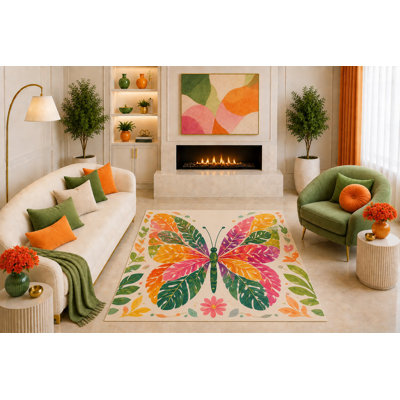 "Ultra Light Weight" 5' x 7' Colorful Butterfly Area Rug Tropical Botanical Leaf Art Decor for Living Room Bedroom Kids Room Nursery Non-Slip Silicone Backing Low Pile