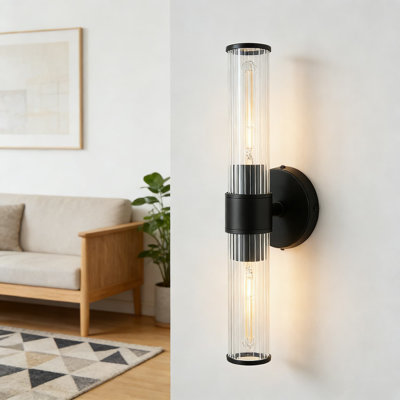 Modern Black Wall Sconce With Threaded Glass Shade, Durable Bathroom Vanity Light Fixture For Living Room, Bedroom, And Hallway