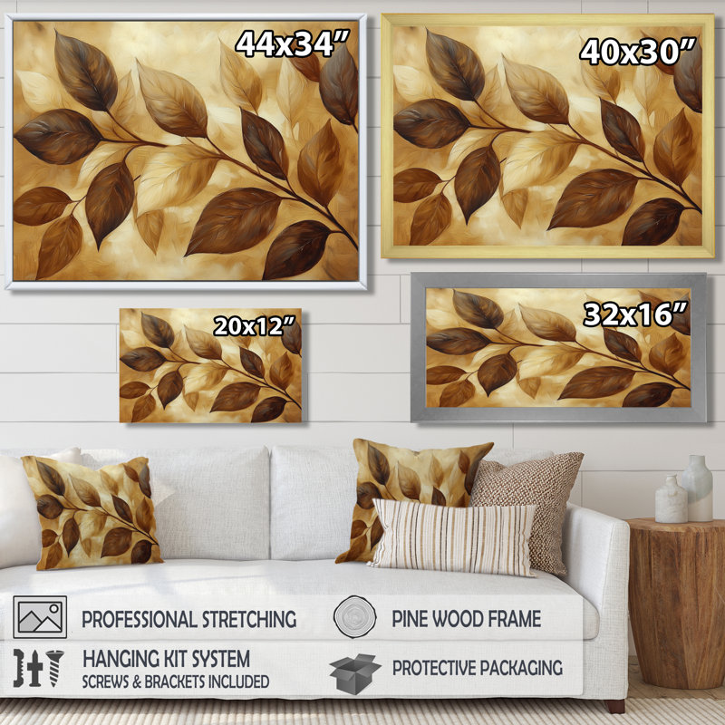 Irmengard chocolat brun feuilles de paysage I - feuilles, art mural, H 28 po x l 60 po, Impression encadrée flottante, Brun