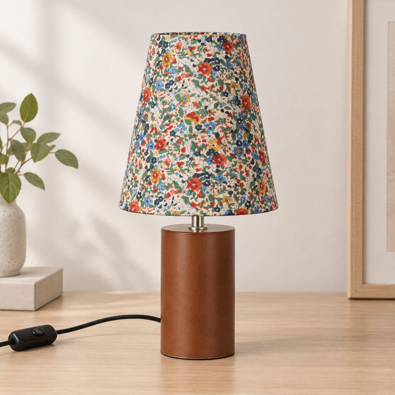Lampe de table en noyer avec abat-jour en tissu à motif floral, petite lampe de chevet de 33 cm pour chambre, table de chevet et salon
