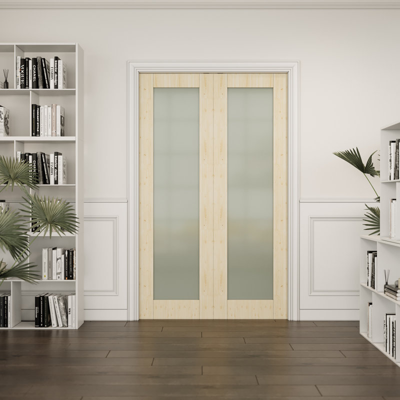 1-Lite Frosted Pocket Door Pine Solid Core Sliding Double Pocket Door For Bedroom With Hardware/Soft Close, 56" x 80"