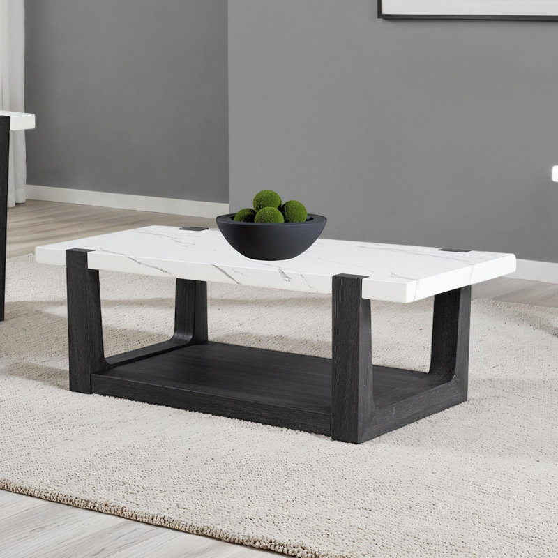 Table basse 1 pièce avec dessus en faux marbre à deux tons pour salon principal, Noir / blanc