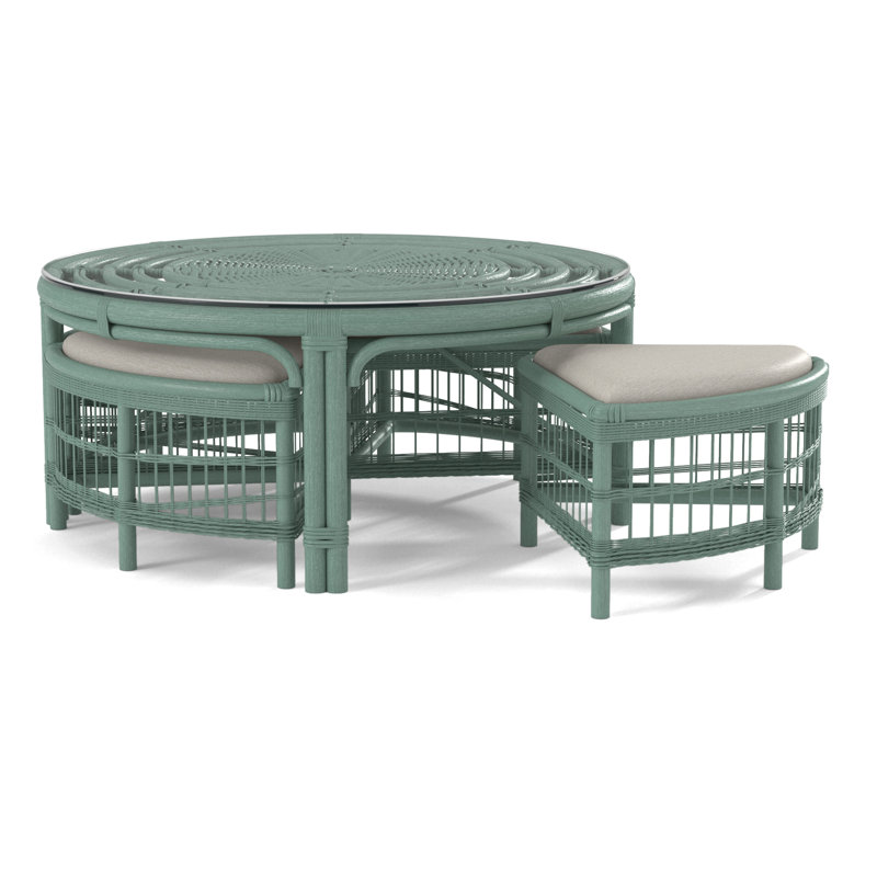 Raffles Rattan Cocktail Table with Benches, Celery, White Performance Fabric; 0851-94