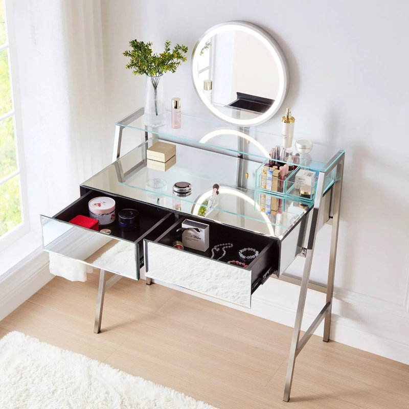 Coiffeuse à miroir argentée pour chambre à coucher avec lumières et miroir, 2 tiroirs spacieux, tablette ouverte, point de charge, base de 33,9 po et tiroirs