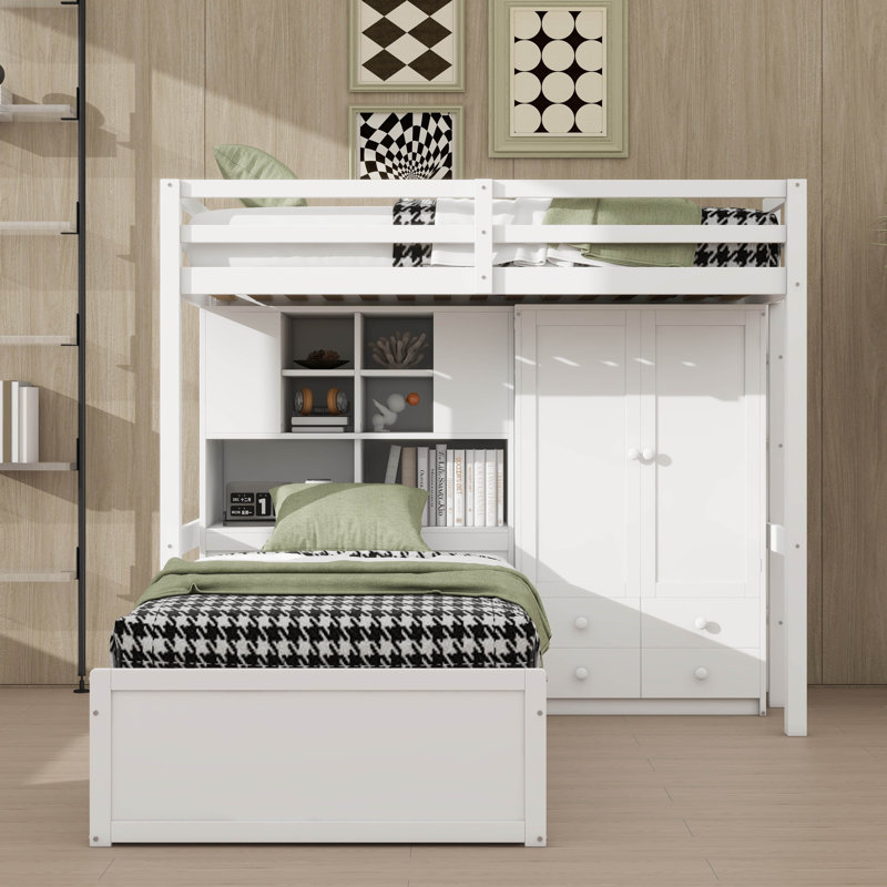 Lit superposé simple avec lit relevable hydraulique, garde-robe, unités de rangement et tiroirs, Blanc
