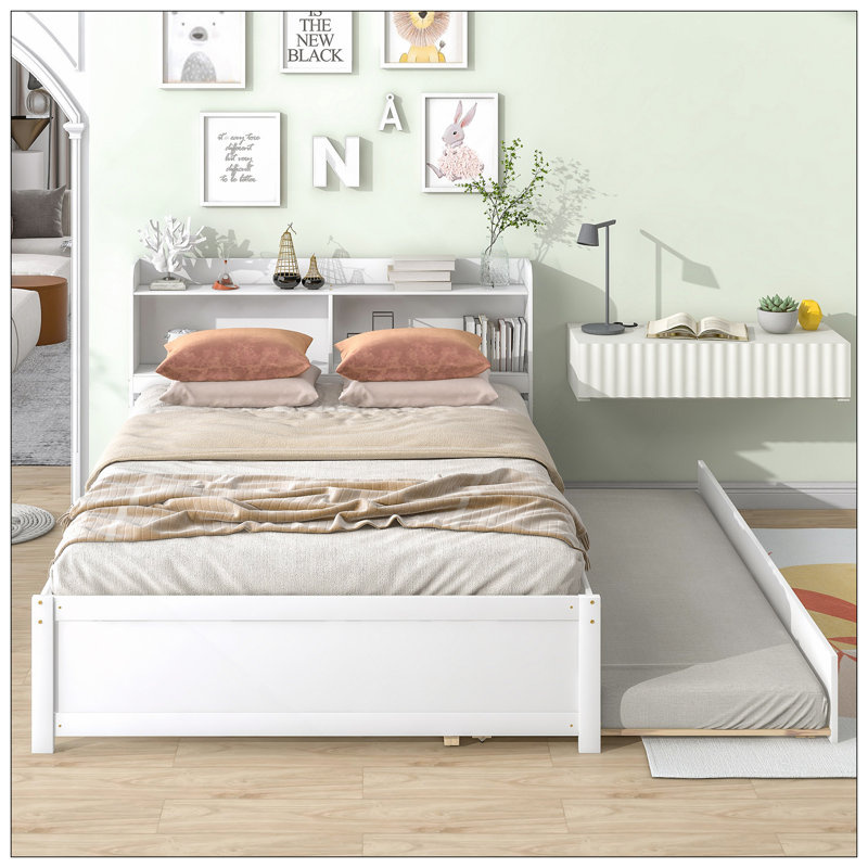 Lit double avec lit gigogne et bibliothèque intégrée, conception peu encombrante pour les petites chambres et les chambres d'amis