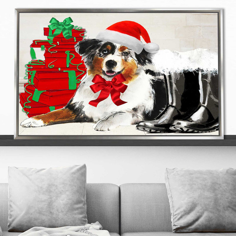«Christmas Holiday Border Collie» par By Jodi - impression, H 27,5 po x l 43,5 po x P 2 po, Cadre flottant argent