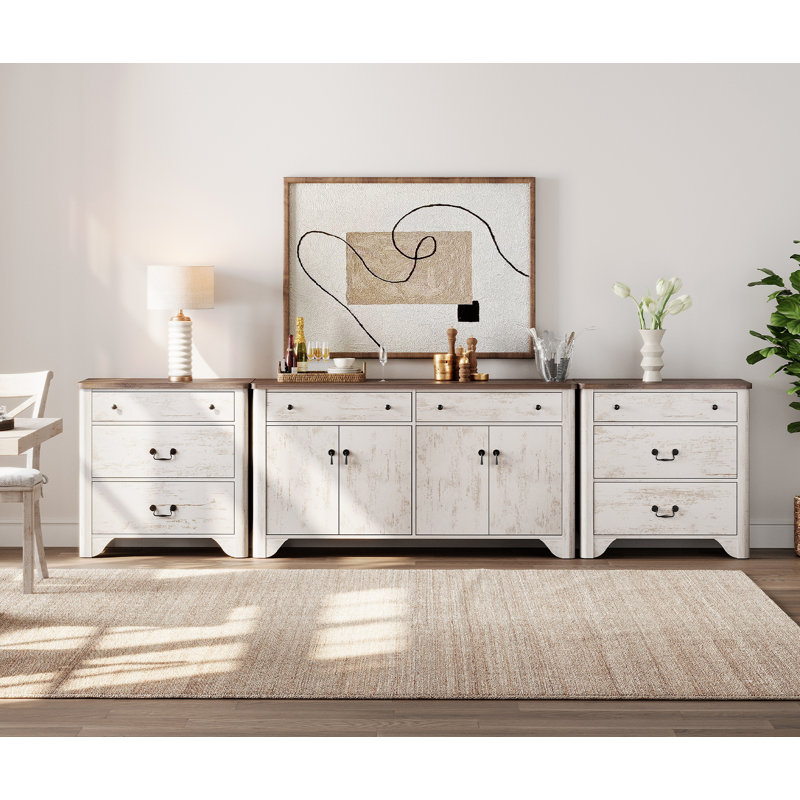 Haikey 3PCS Farmhouse 122"W Large Sideboard Cabinet, 59" Sideboard with 4 Doors and 2 Drawers & 3-Drawer Storage Cabinets Set of 2 for Dining Room, Living Room, Kitchen, and Bedroom